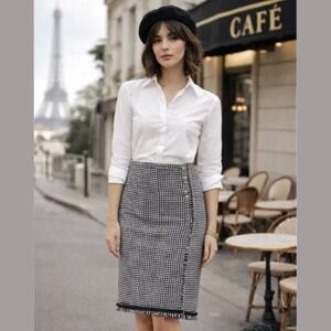 Talbots Houndstooth Faux Wrap Pencil Skirt Sz 6 S Black White Gold Button Fringe
